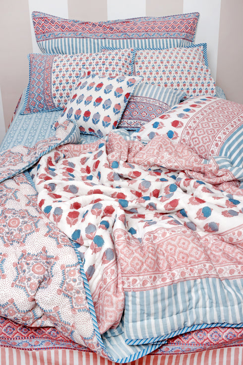 40s Cotton Pillow Cover in Floral Block Print